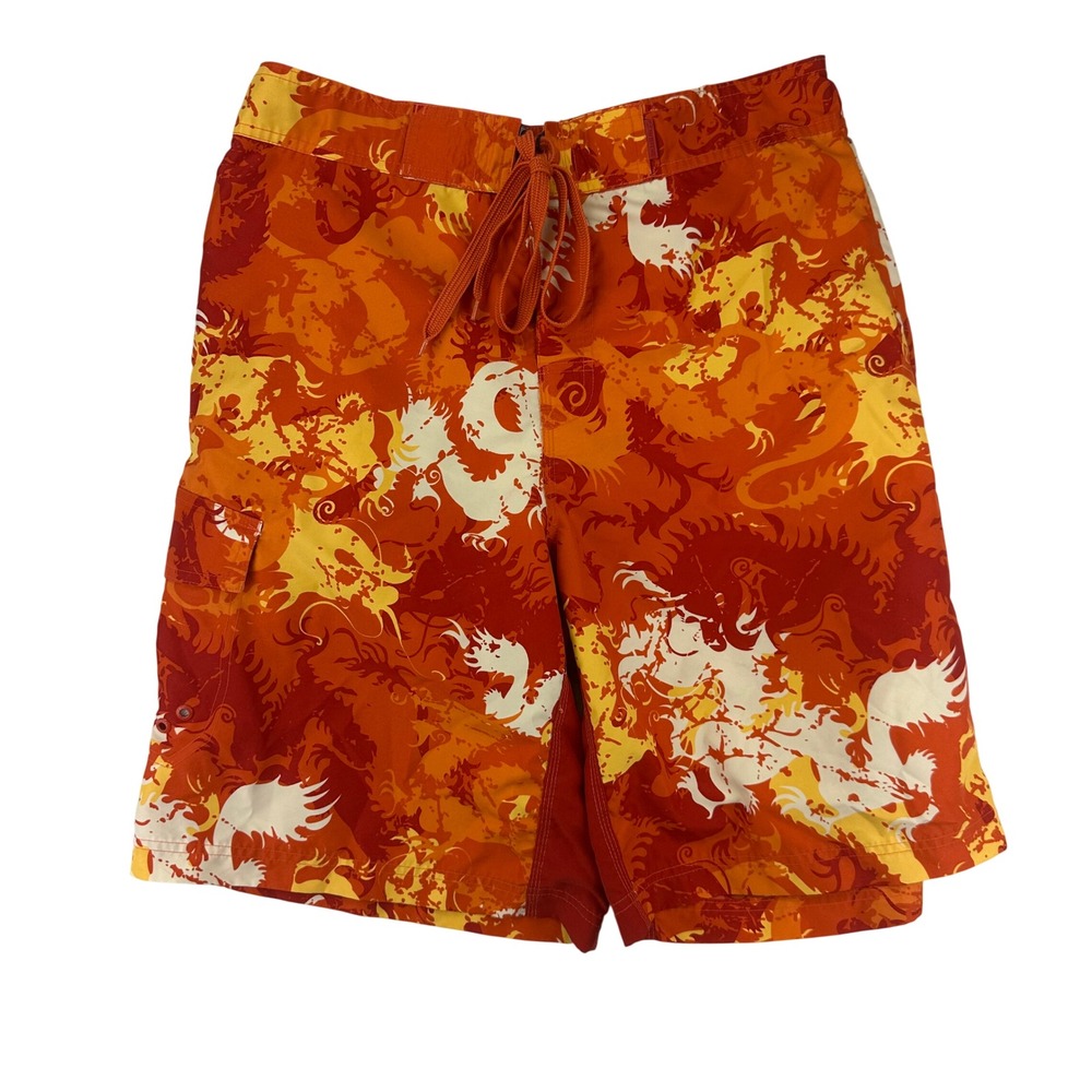 Arizona Swim Trunks Mens Large Dragon Print Relaxed L Orange Board Shorts Y2K